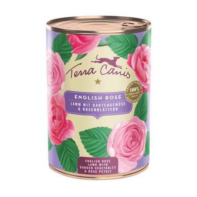 Terra Canis Flower - Rosa Inglesa - Lata de cordero con verduras del jardín y pétalos de rosa
