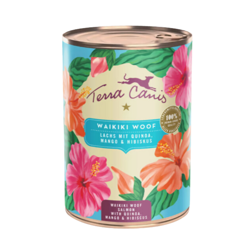 Terra Canis Flower - Waikiki Woof - Lata de salmón con quinoa, mango e hibisco