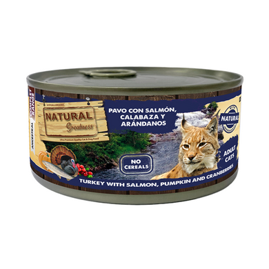 Natural Greatness lata gato - Pavo con salmón, calabaza y arándanos
